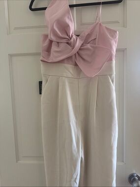 Express Pink Bow Ivory Jumpsuit. Cropped